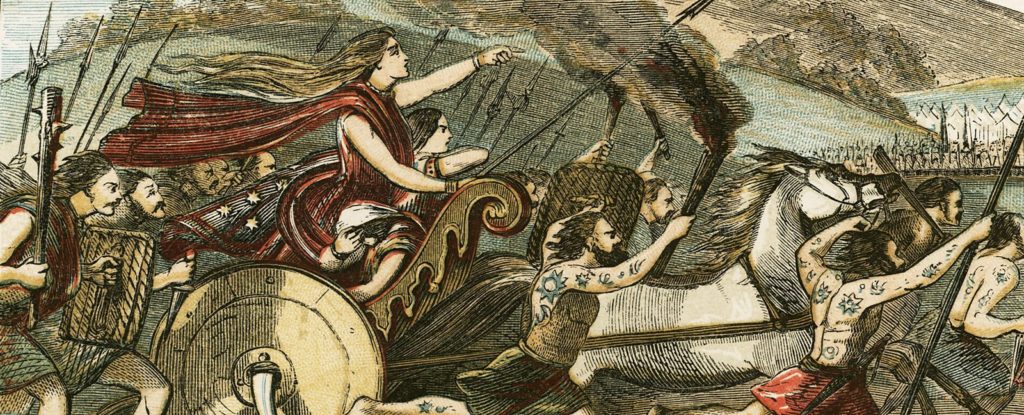 Boudica is a queen of the British Celtic Iceni tribe who led an uprising against the occupying forces of the Roman Empire around AD 61. Image taken from BBC.