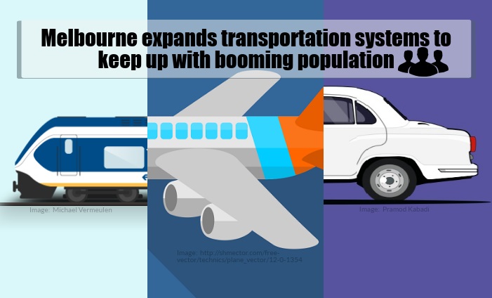 Melbourne transportation systems expand as rapid population growth prevails.